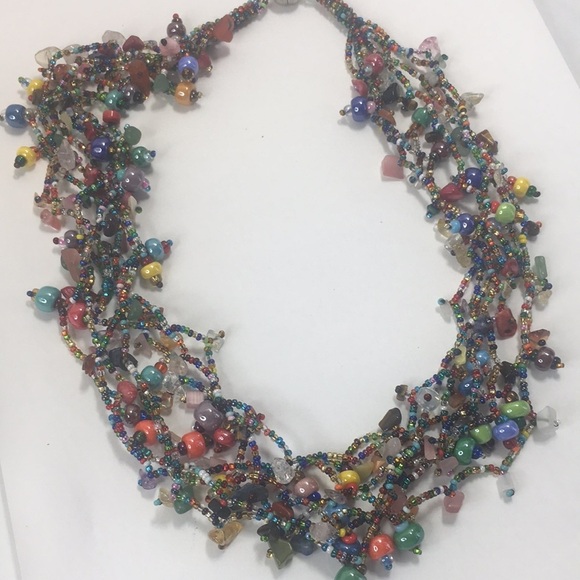 Artisanal Multi-layer seed bead glass stone chip necklace 7 strands multi-color - Picture 6 of 9